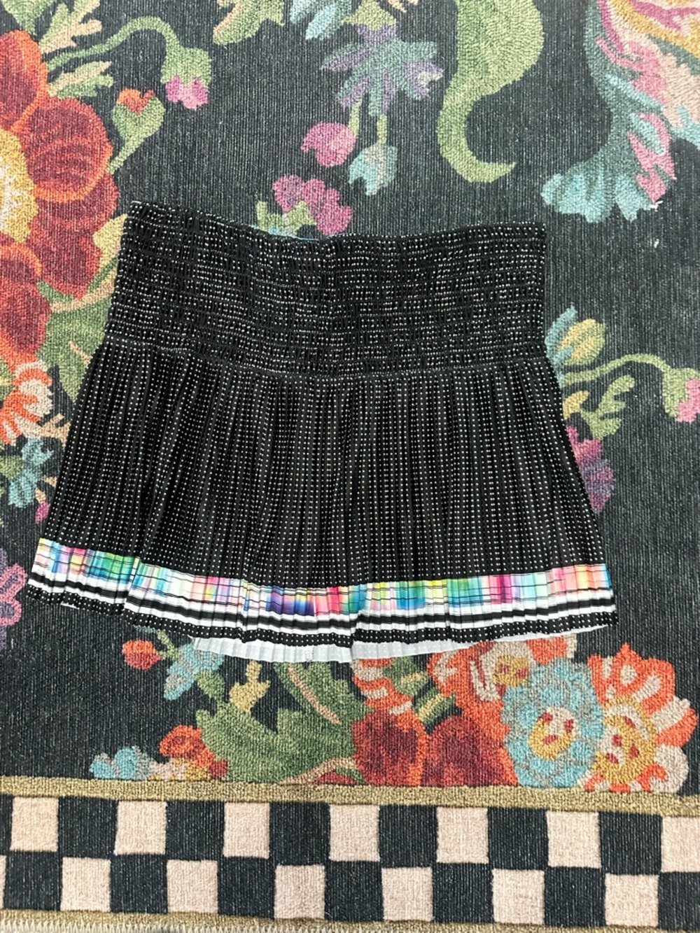 Lucky in Love Black Smocked Skirt with Multicolor Stripe Hem